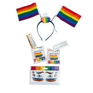Rainbow Flag Headband Light Up pins 2 Face Tattoos Lot Set Bundle New Pride